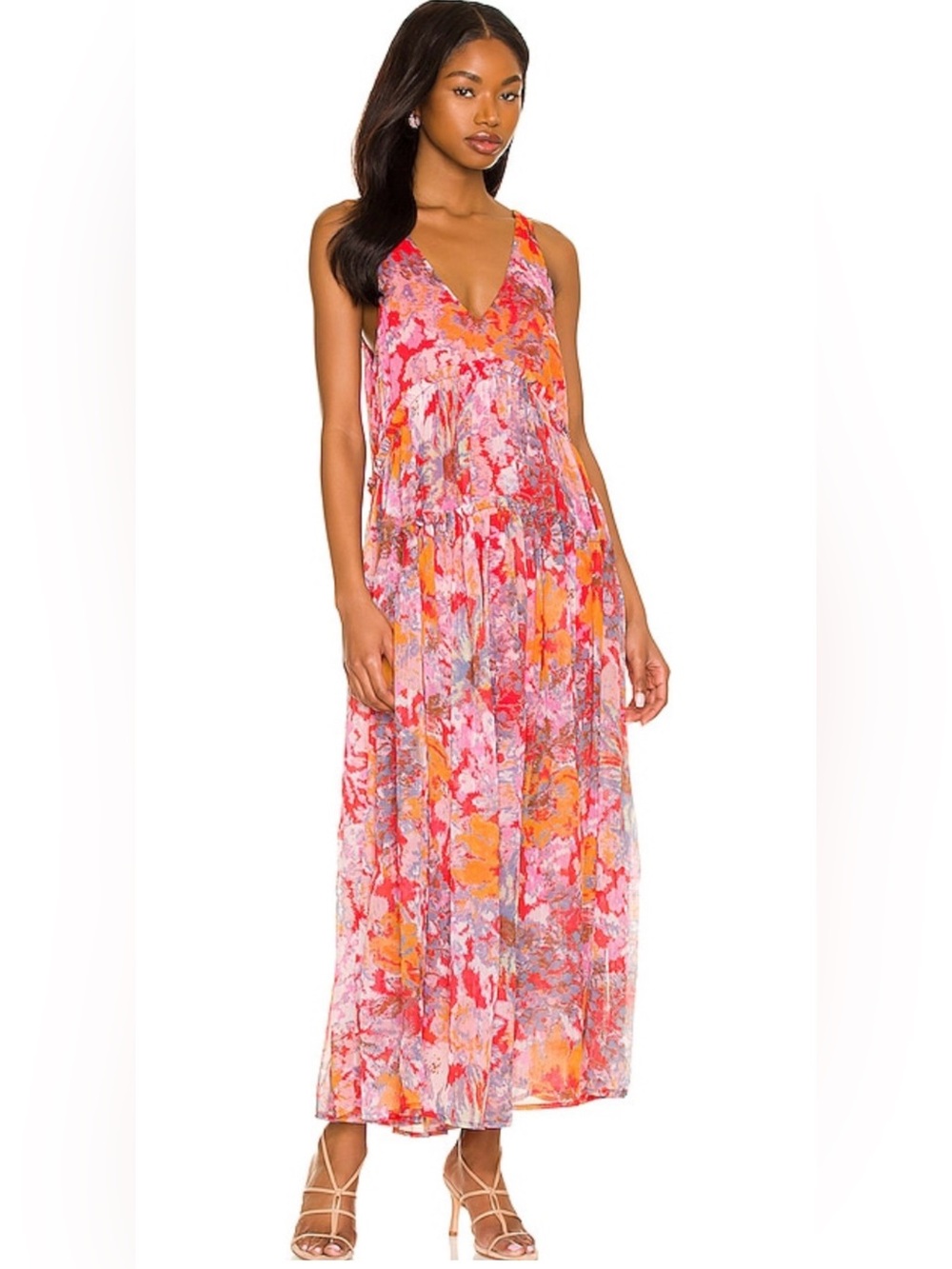 Free People Julianna Maxi Dress Pink Orange Red Chiffon Flowy Boho Medium